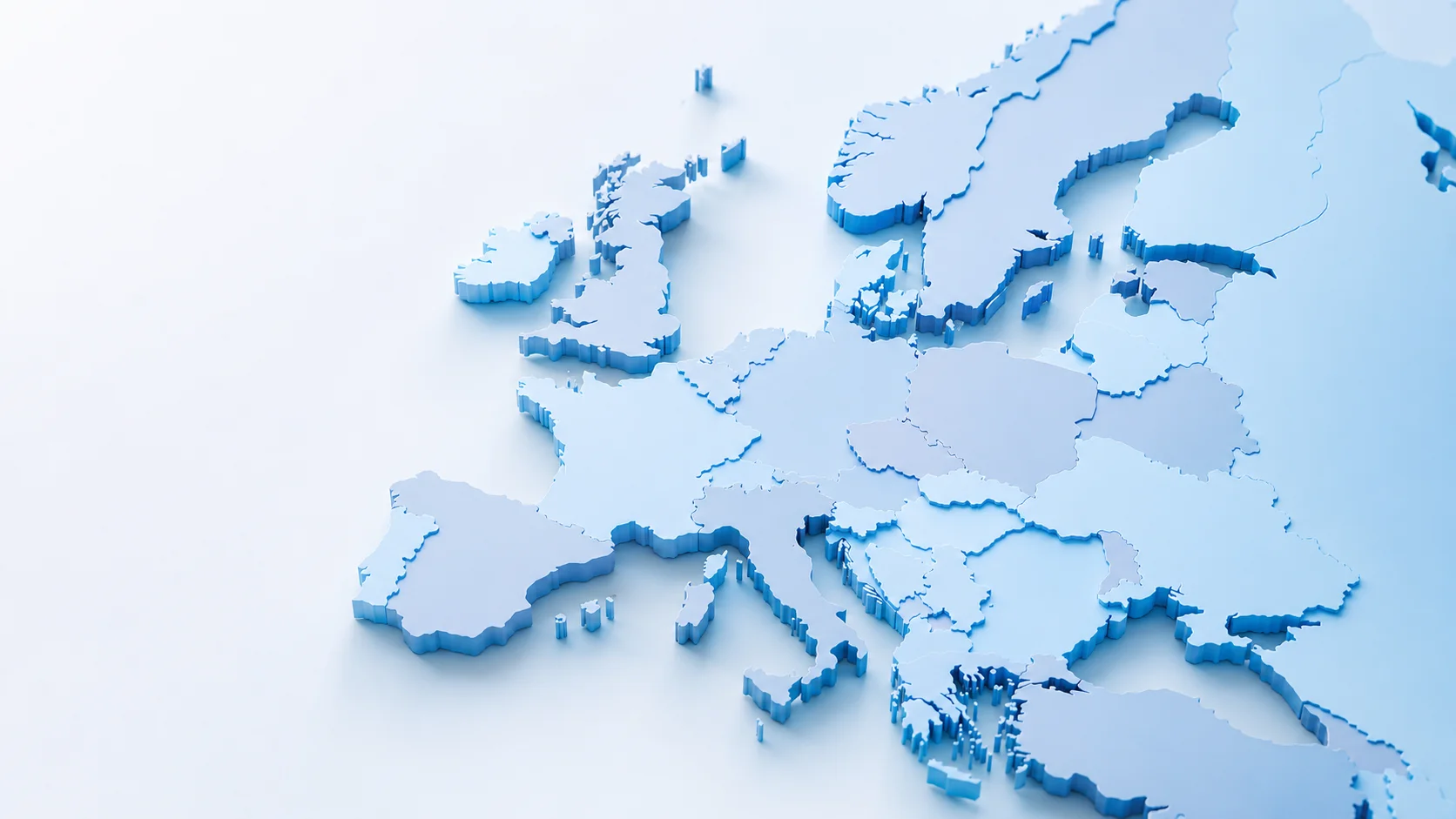 Dreidimensionale Europakarte in Blau- und Grautönen.